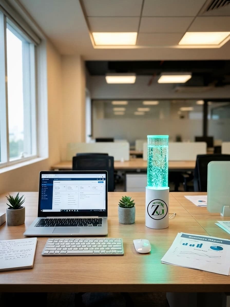 A Zygreen module on a desk beside a laptop in an open-plan office