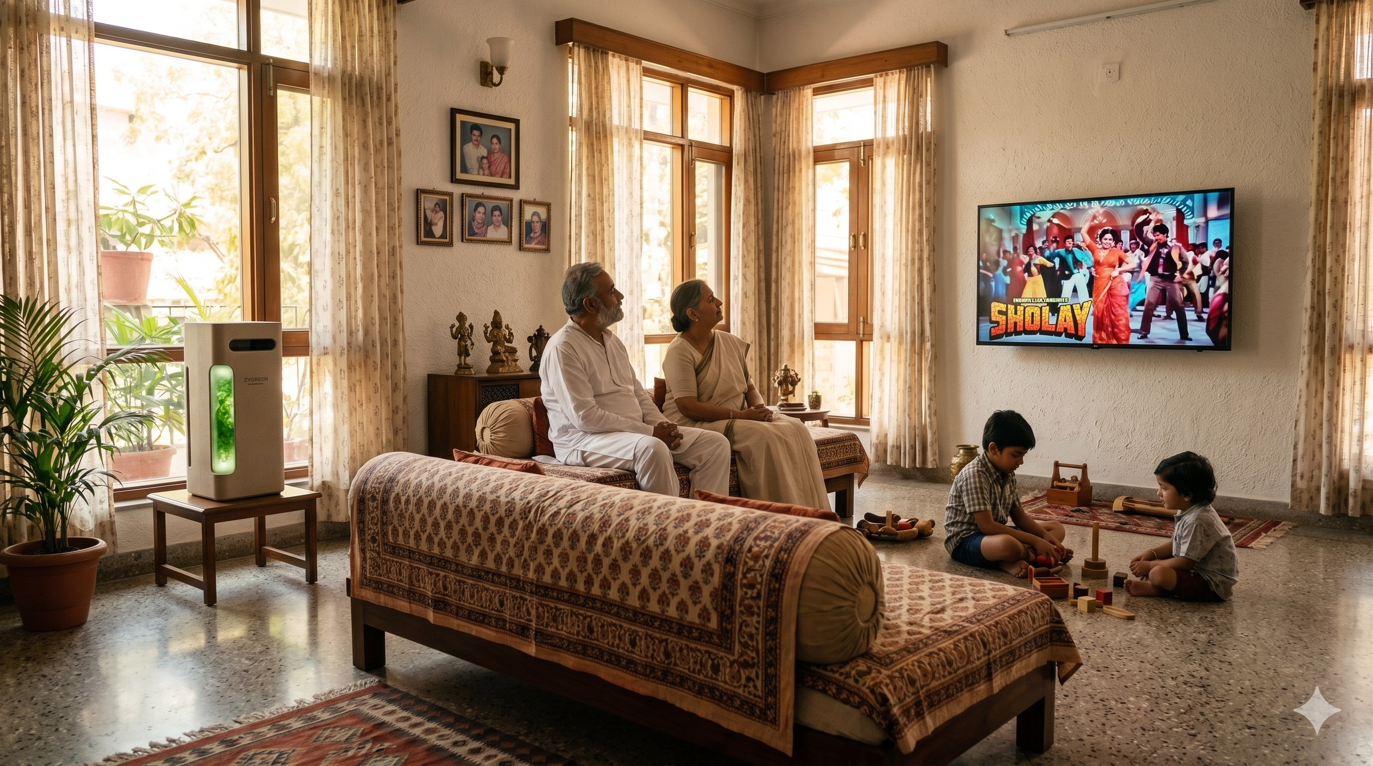 Elderly couple breathing clean air at home with Zygreen