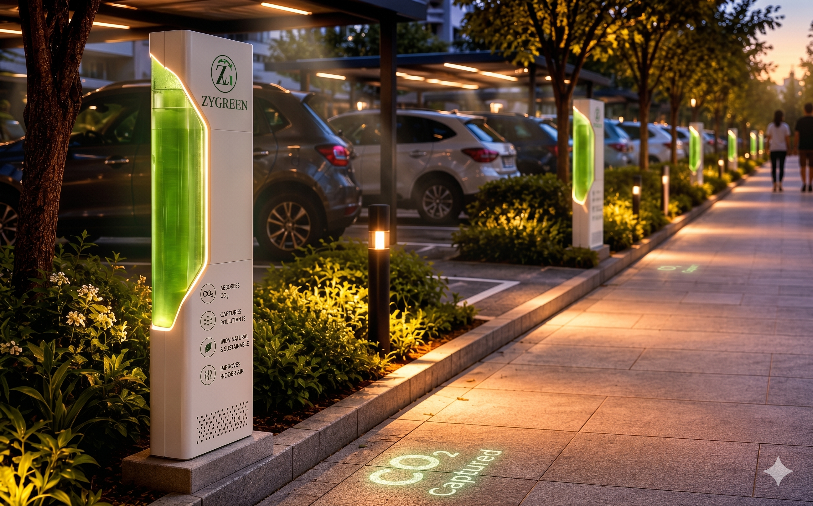 Night-time commercial pathway with ambient Zygreen purification