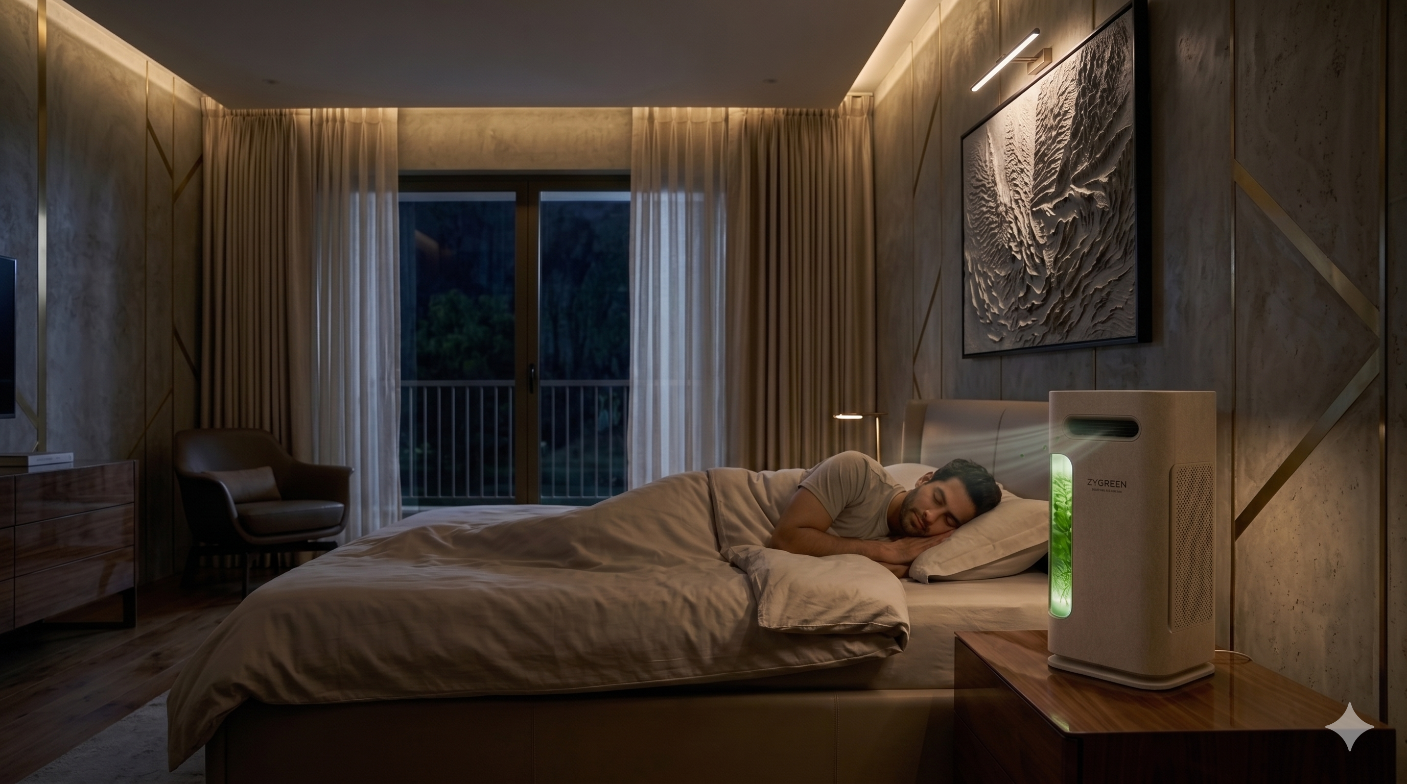 Person sleeping peacefully in a bedroom with Zygreen air purification